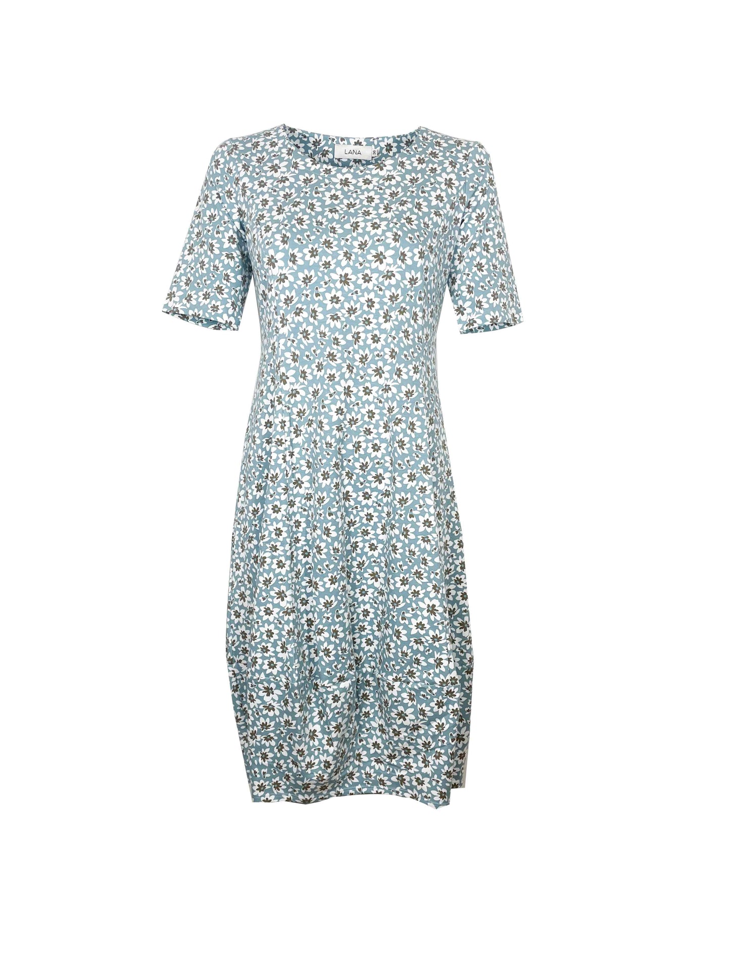 Kleid, Modell Miju mit kurzarm, leicht tailliert und zartem Blumenmuster in dezenten Farbtönen für sommerlichen Stil