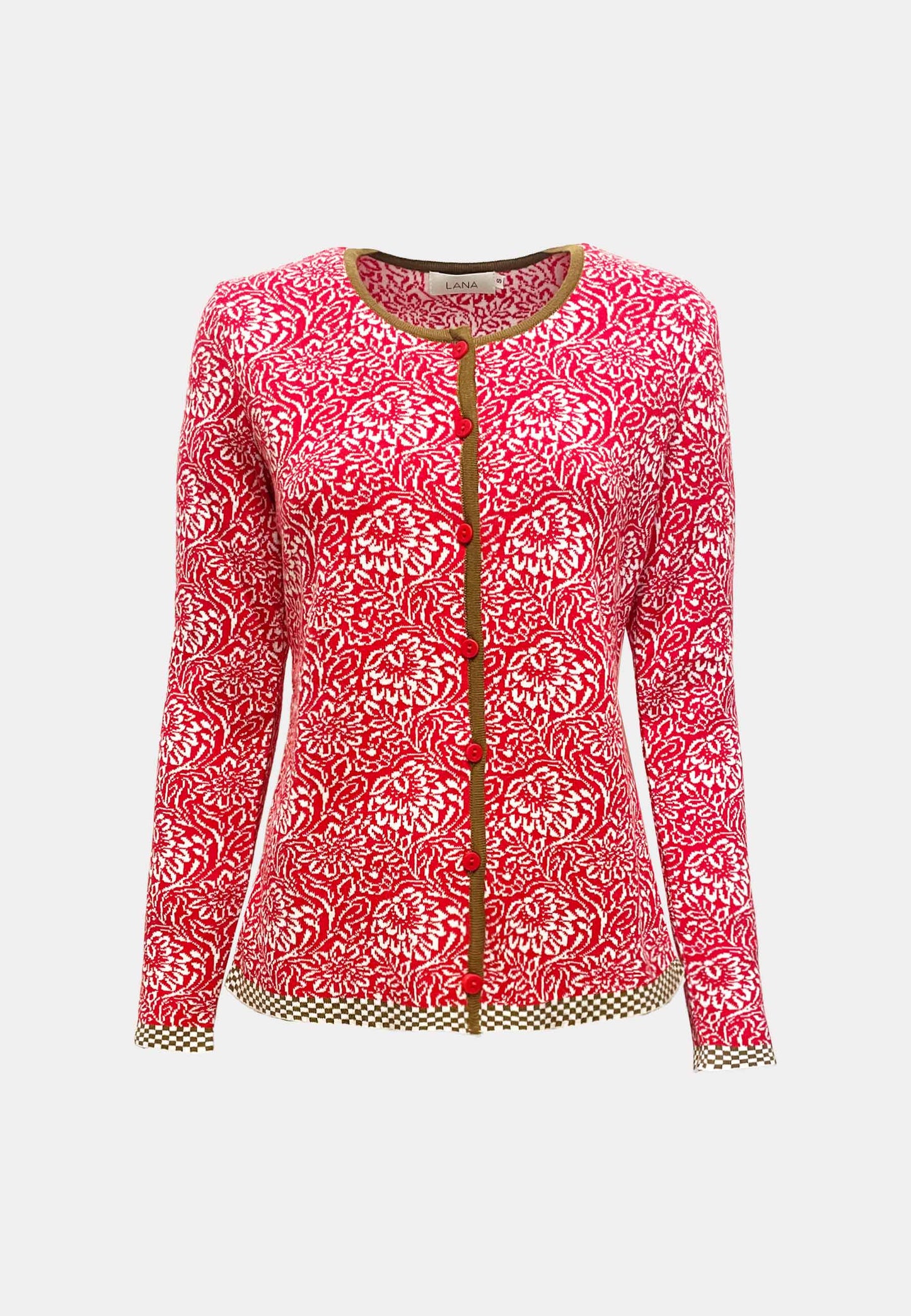 Strickjacke, Modell Lena in Tomate mit weißem floralen Muster und kontrastierendem Saum in Beige, Frontansicht
