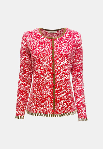 Strickjacke, Modell Lena in Tomate mit weißem floralen Muster und kontrastierendem Saum in Beige, Frontansicht