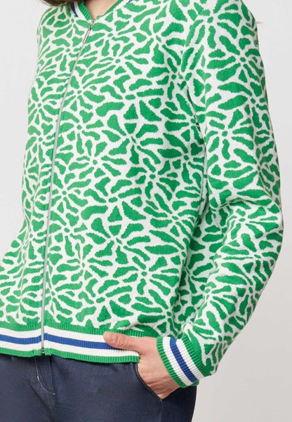 Jacke, Modell Alsora mit grün-weißem Muster und Reißverschluss, sportiver Stil mit gerippten Bündchen und Komfortschnitt