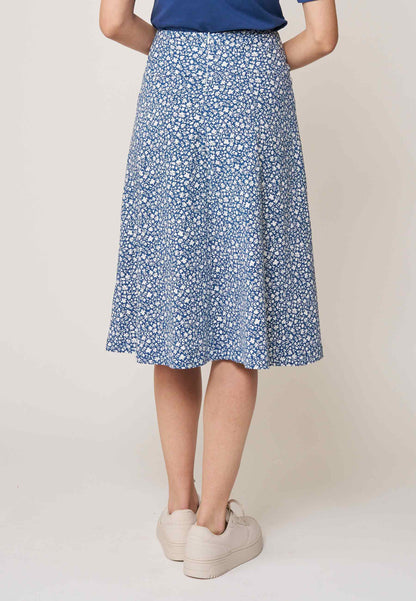 Rock, Modell Mila in Blau mit zartem Blumenmuster und schmeichelnder, ausgestellter Midilänge für sommerliche Eleganz