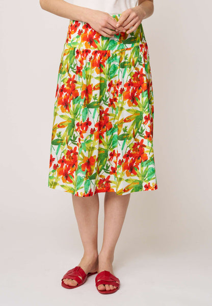 Rock, Modell Donia mit farbenfrohem Blumenmuster und leicht schwingender, mittellanger Passform für sommerlichen Stil