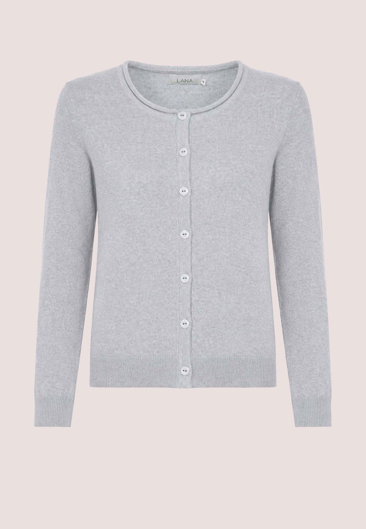 Hellgraue Jacke, Modell Sophie, mit Rundhalsausschnitt und Knopfleiste