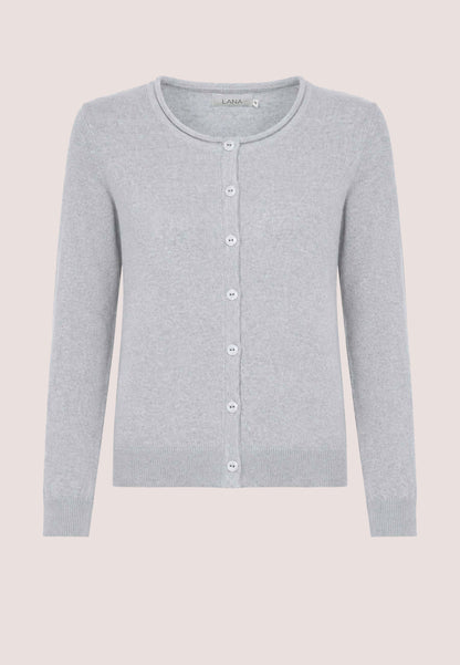 Hellgraue Jacke, Modell Sophie, mit Rundhalsausschnitt und Knopfleiste