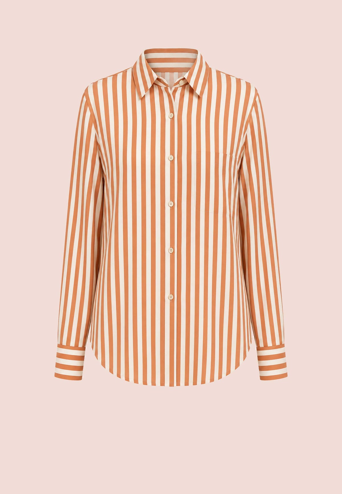 Bluse, Modell Arden mit orange-weißen Längsstreifen und langen Ärmeln