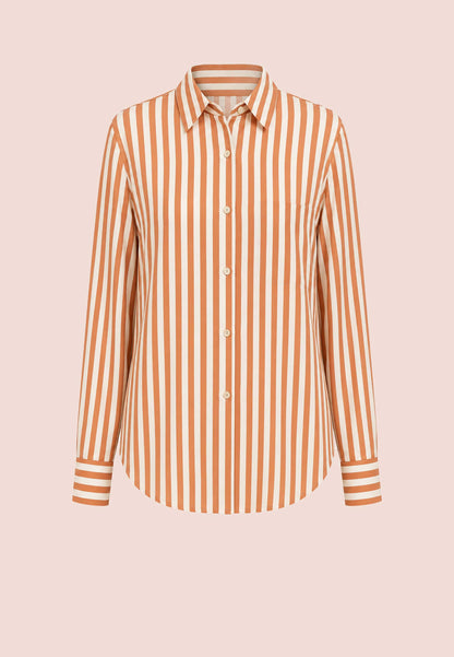 Bluse, Modell Arden mit orange-weißen Längsstreifen und langen Ärmeln