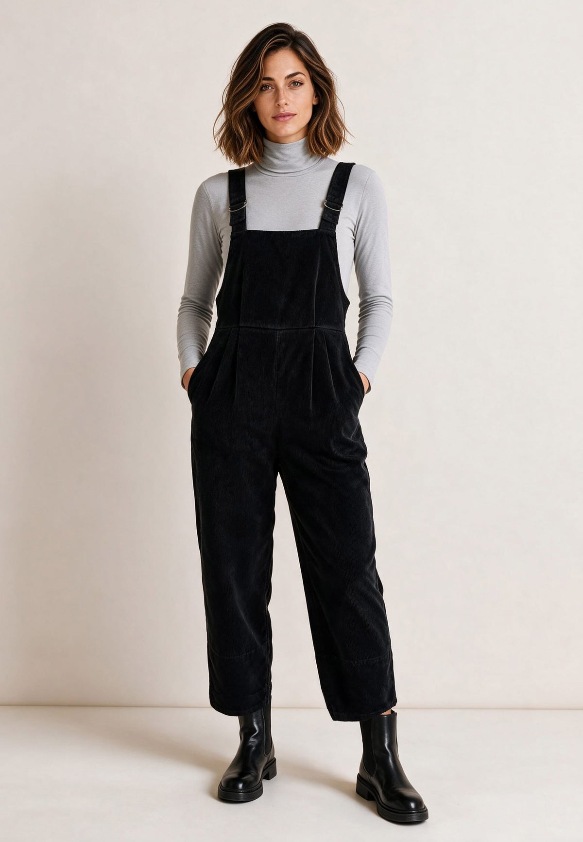 Frau trägt schwarze Trägerhose, Modell Emmet, mit grauem Rollkragenpullover und schwarzen Stiefeln