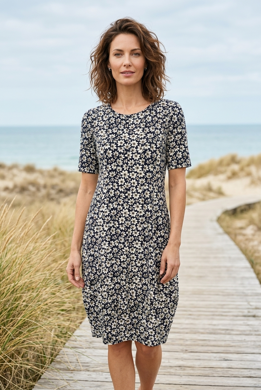 Kleid, Modell Miju mit marineblauem Grund und hellem Blumenmuster, kurzärmlig, getragen am Strandweg